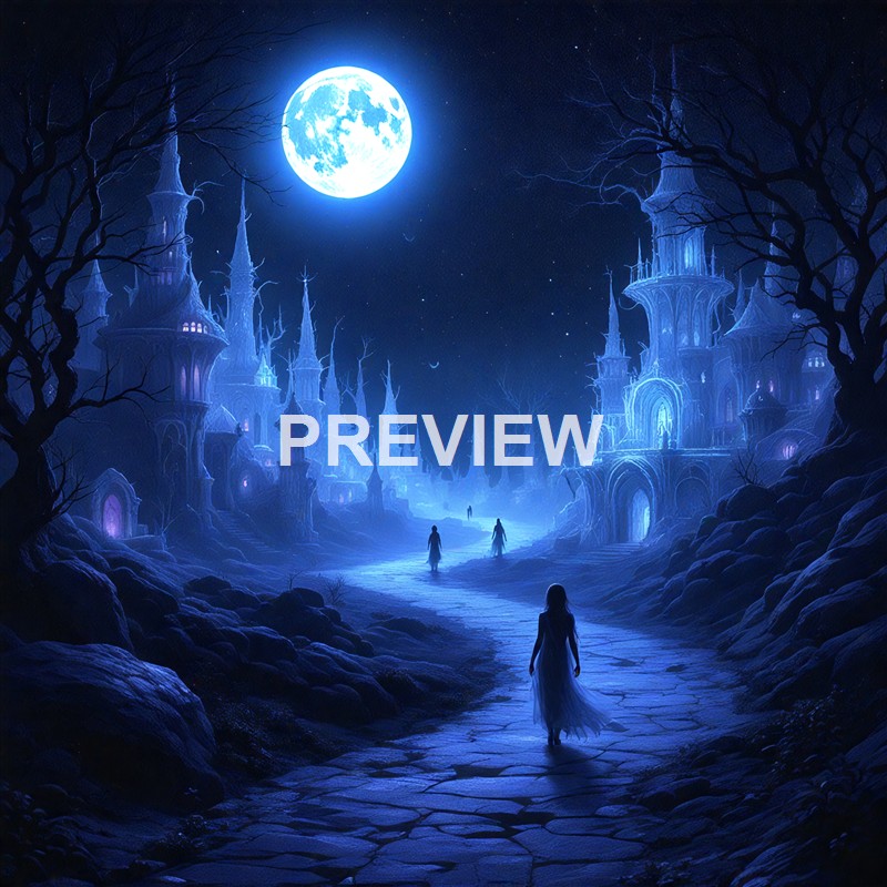 A mystical nighttime scene featuring a glowing full moon illuminating a dark, enchanted forest with tall, spindly trees and a winding stone path leading to a grand, illuminated castle with intricate spires and turrets, while ghostly figures of people walk along the path.
